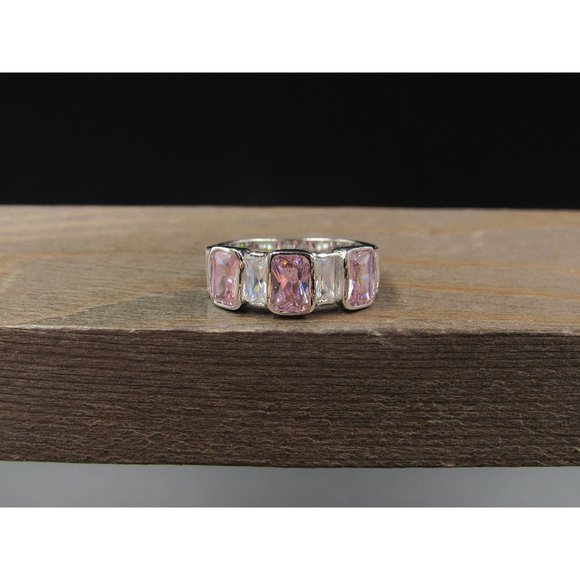 Size 6.25 Silver Tone Fancy Pink And Clear Cubic Zirconia Band Ring - Picture 1 of 7